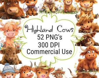 Highland Cow Cartoon Clipart Bundle, Commercial Use PNGs