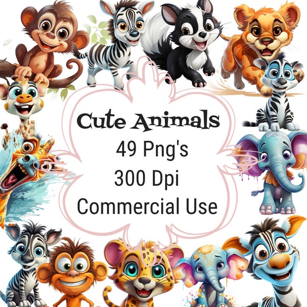 Cute Animals, PNG Clipart Bundle, Transparent Background, Instant Download, Sticker, Card, T-shirts, Sublimation, Graphics, Birthday, Kids