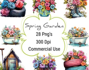 May include: A collection of 28 digital images featuring spring garden illustrations. The images include flowers in various arrangements, such as a bathtub, a tire, and boots. The text "Spring Garden 28 Png's 300 Dpi Commercial Use" is displayed in a green speech bubble.