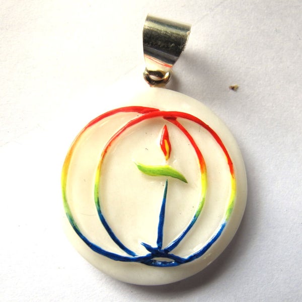 MS Hand-carved Bone Hand Painted Unitarian Universalist Chalice Pendant Bali Fair Trade