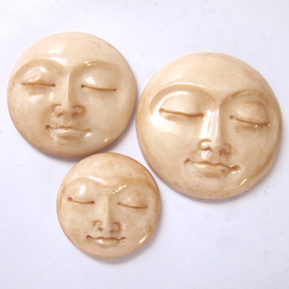 Moon Face Carved Bone Cabochon Closed Eyes Tea Stained Bali (13-25mm)