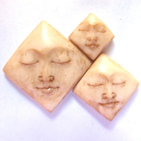 MS Tea Stained Diamond Shaped Carved Bone Faces Bali Indonesia Fair Trade