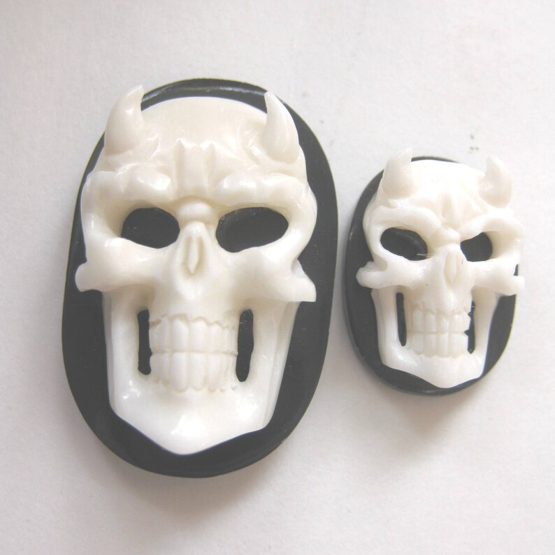MS Carved Cow Bone Horn Horned Devil Skull Day of the Dead Cabochon Cab 2 sizes Oval Bali Fair Trade image 1