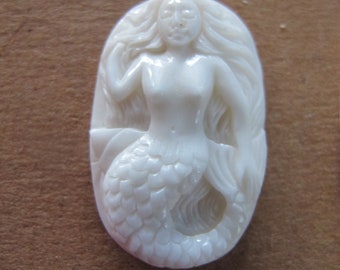 MS Mermaid Cabochon 30 x 18mm Carved Bone Bali Fair Trade