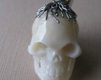 MS Carved Cow Bone Skull Pendant 32 x 19mm 3-D Sterling Cap & Bail Bali Fair Trade