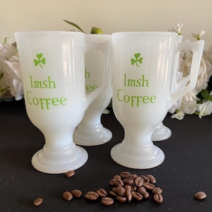 Vintage Milk Glass Irish Coffee Shamrock Pedestal Mugs, Set of 4
