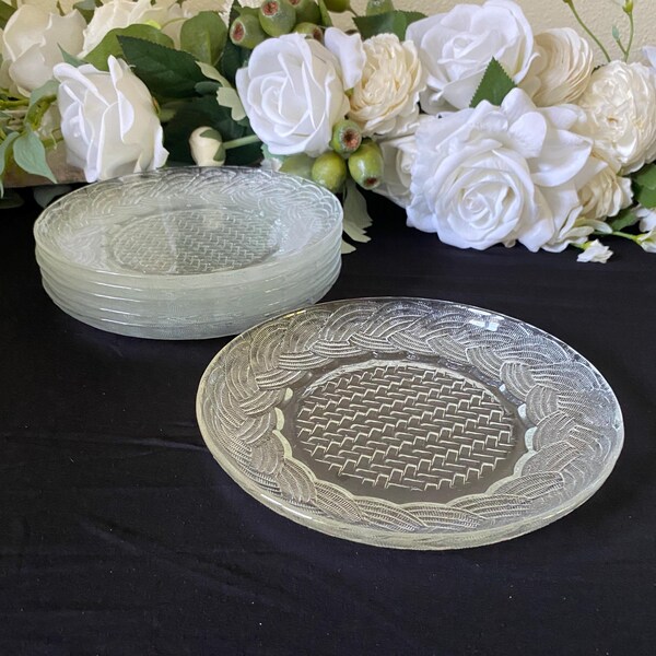 Vintage Indonesia Pasari Crystal Pressed Glass Luncheon Entree Dessert Plates in Braided Weave Pattern, Set of 6