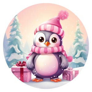 Pink Christmas Sign | Pink Penguin Christmas | Wreath Sign, Wreath Center | Round metal sign | Wall Art | Wall hanging | Door Hanger