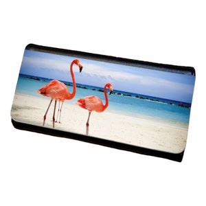 Cartera triple para mujer con diseño de dos flamencos en la playa