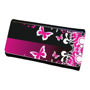 Cartera triple para mujer con diseño de mariposas en negro y rosa