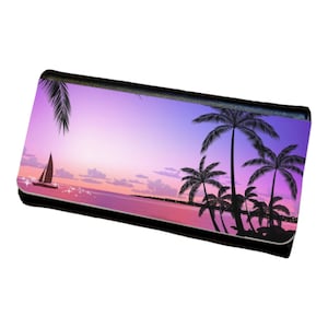 Cartera triple para mujer con diseño de palmeras y puesta de sol tropical de cielos rosas y morados