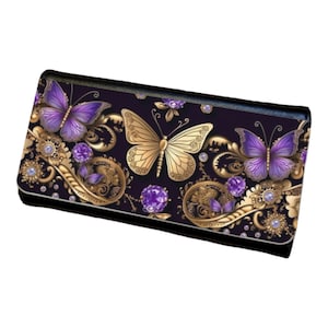 Cartera triple para mujer con diseño de mariposas doradas y moradas