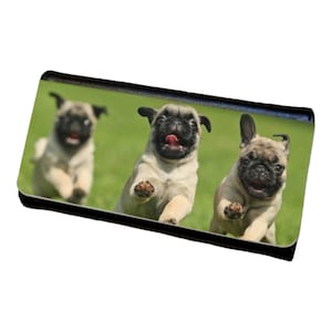 Cartera triple para mujer con diseño lindo de tres perros Pug corriendo