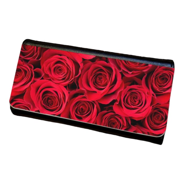 Red Rose Flower Design Tri Fold Womens Wallet