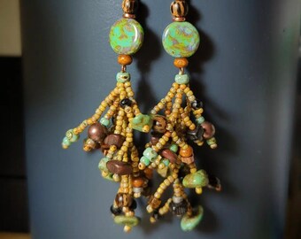 Freeform branch fringe earrings with turquoise and wood.