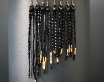 Black and gold long seed beaded earrings. Your choice of lengths.