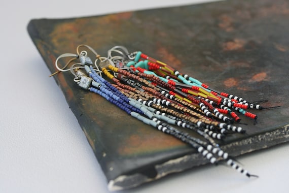 Long beaded earrings. Vintage, antique, and new seed beads.