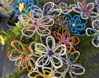 Beaded flower plant stakes. French beaded floral flower pot decoration.