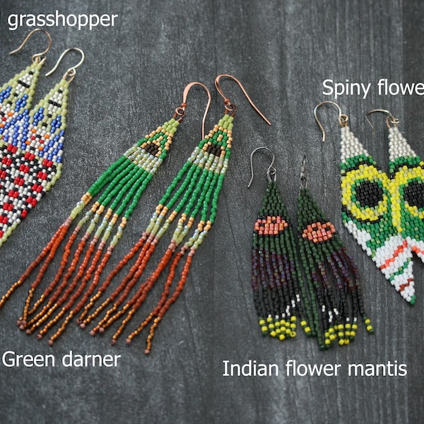 Beadwoven earrings inspired by the insect world. Long beaded earrings.