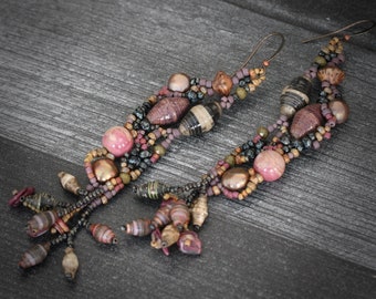 Freeform beaded earrings in rhodochrosite pink and warm chocolate.