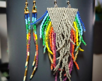 Rainbow seed bead tassel earrings.