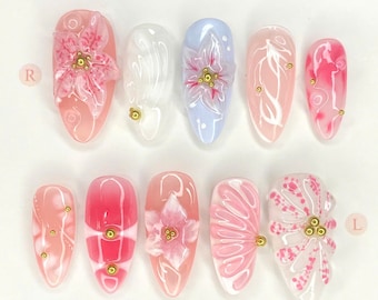 オーシャンプレスオンネイル：3Dクラゲ、ヒトデ、花のネイルアート