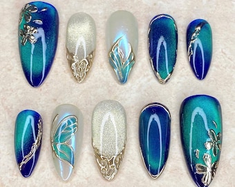 Green Cat Eye Press On Nails: Gold 3D Butterfly, Flower & Mermaid Art