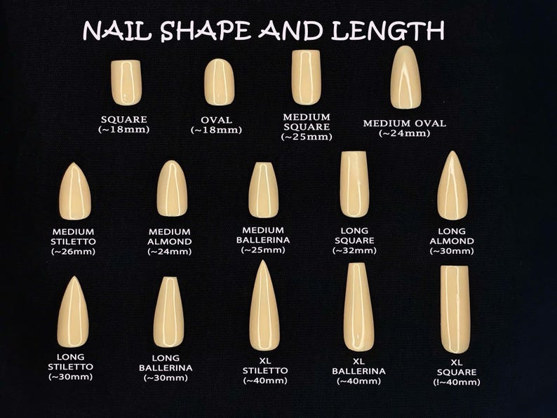Puede incluir: Imagen que muestra varias formas y longitudes de u&ntilde;as sobre un fondo negro. El texto "NAIL SHAPE AND LENGTH" est&aacute; en la parte superior. Las formas de u&ntilde;as incluyen cuadrada, ovalada, stiletto, almendrada, bailarina y ovalada mediana. Las longitudes se indican en mil&iacute;metros.