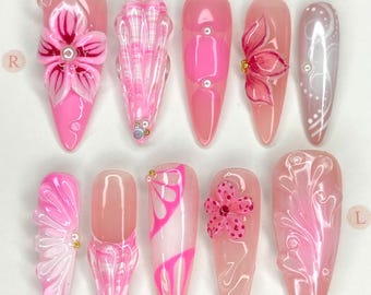 3D Flower Press On Nails: Glossy Pink Mirror Chrome, Handmade Nail Art