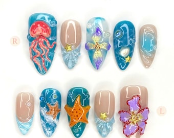 Puede incluir: Un conjunto de diez uñas artificiales con un diseño temático marino. Las uñas presentan varios diseños, incluyendo una medusa roja, estrellas de mar y detalles florales. El texto "Nailbox for you" está en la parte superior, con el texto "Thank you for choosing us" en la parte inferior.