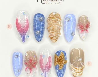 Mermaid Ocean Press On Nails: 3D Shells, Starfish, and Flowers