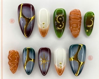 Unhas de pressão com relevo em cromo dourado: Ombré caramelo verde-oliva, feito à mão