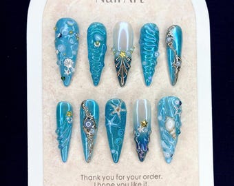Ocean Blue Press On Nails: 3D Seashell Starfish, Gold Wave Nail Art