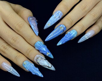 3D Jellyfish Press On Nails – Iridescent Mermaid Ocean Nail Art