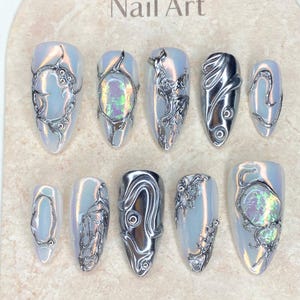 Chrome Mirror Press On Nails: Silver Gel Sculpture, Opal Accents