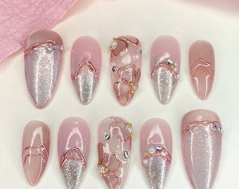 Pink Cat Eye Press On Nails: 3D Chrome Lines & Glitter, Handmade Glam Nail Art