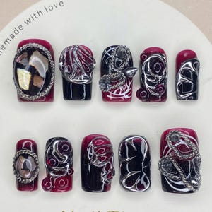 Edgy Black & Red Press On Nails: Silver Chrome Chains, 3D Gothic Rock Art
