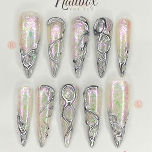 Iridescent Glitter Press On Nails: Silver Chrome 3D Lines, Luxury Stiletto