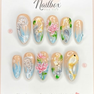 3D Koi Fish and Lotus Nail Art Press On Nails – Elegant Hand Painted Nail Design with Raised Details, Summer Nature Nail Set.