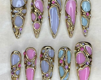 Luxury Gold Mirror Cat Eye Pastel Press On Nails with Rhinestones.