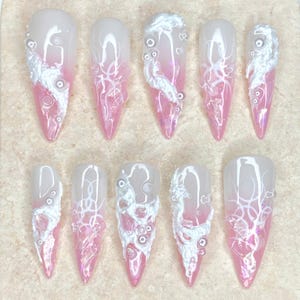 Pink Mother of Pearl Press On Nails: 3D Shell Ocean Wave Design