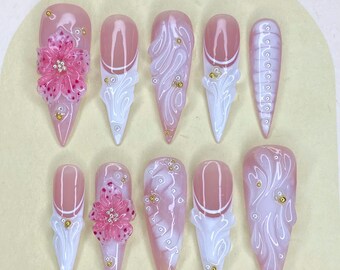 Pink Ombre 3D Flower Press On Nails: Elegant Long Coffin Handmade Nails
