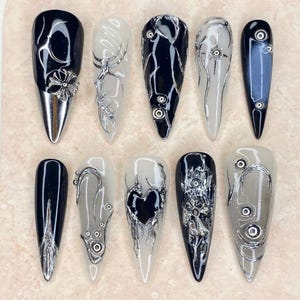 Black & White Chrome Press On Nails: Edgy Silver Coffin Nail Art