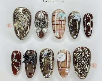 Gold Chrome Press On Nails, 3D Flower Nail Art, Elegant Statement Nails