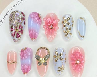3D Floral Press On Nails: Gold Mirror Butterfly Nail Art