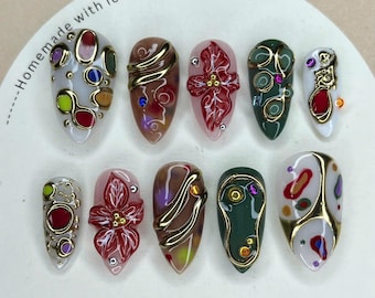 Handmade 3D Floral Press On Nails: Colorful Gel with Gold
