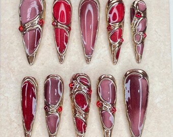 Red Gold Mirror Chrome Press On Nails: Rhinestone Long Coffin Nails