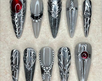 Uñas postizas con armadura de espejo plateado: Espada y escudo, estilo ojo de gato gótico