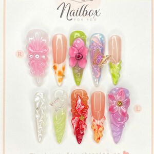 Summer Bright 3D Floral Press On Nails with Butterfly Charm, Transparent Textured Acrylic Nail Art Set, Handmade Nails, Gift For Girl.