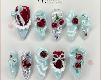 Candy Blue 3D Press On Nails, Cherries, Hearts, Bows
